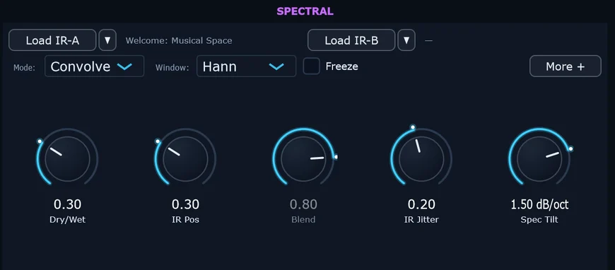 La sección Spectral: dos espacios para respuestas al impulso, modo Convolve, Dry/Wet, IR Pos, Blend, IR Jitter y Spec Tilt.
