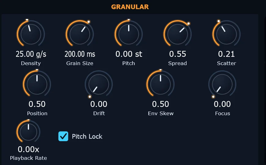 La sección Granular del plugin: Density, Grain Size, Pitch, Spread, Scatter, Position, Drift, Env Skew, Focus, Playback Rate y Pitch Lock.